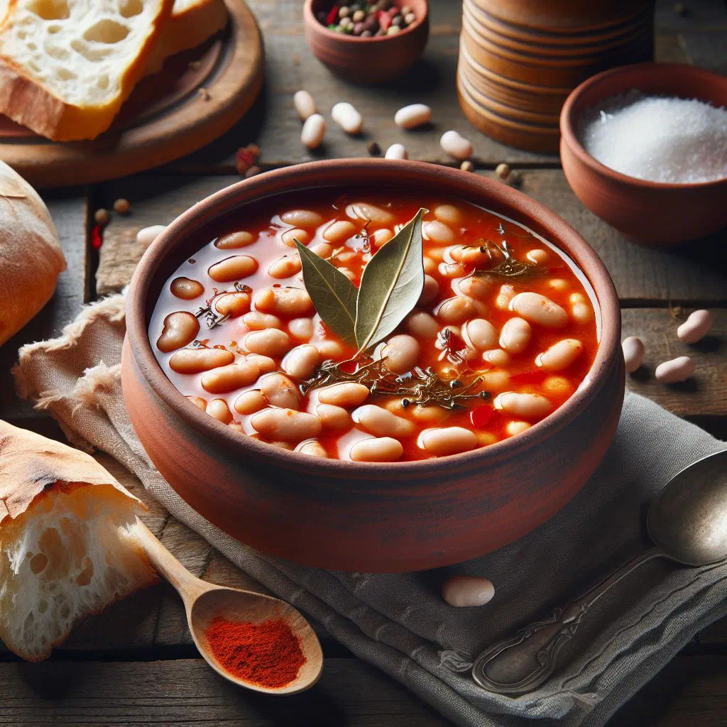 A bowl of Albanian white bean stew garnished with fresh parsley