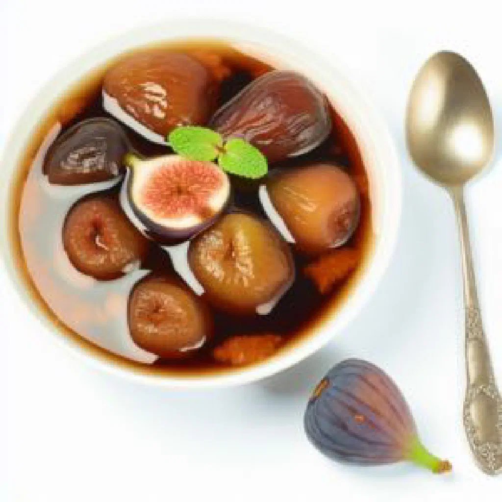A bowl of Albanian fig soup garnished with fresh mint