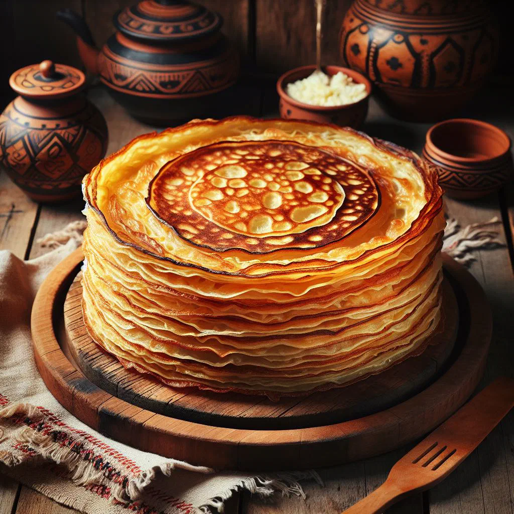 Layered Albanian flia pancake served with creamy ajkë yoghurt and fresh herbs