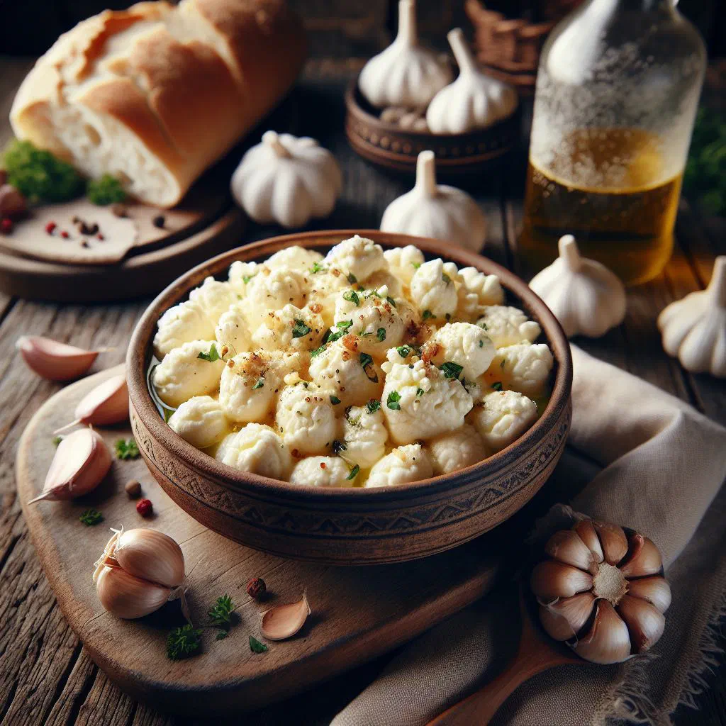 Bowl of creamy fresh cheese with garlic, drizzled with olive oil and garnished with parsley