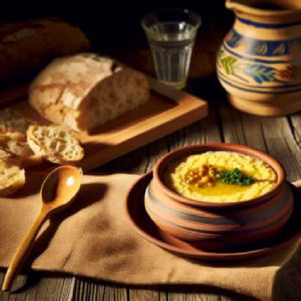 Bowl of Albanian cornmeal porridge drizzled with olive oil
