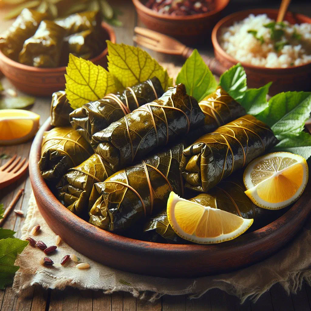 Rolled stuffed vine leaves filled with rice and meat, garnished with lemon