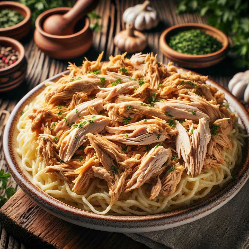 Jufka me pulë with tender chicken and homemade pasta sheets in a creamy sauce