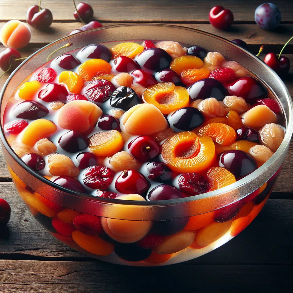 Bowls of Albanian fruit compote with fresh fruit and mint leaves in light syrup