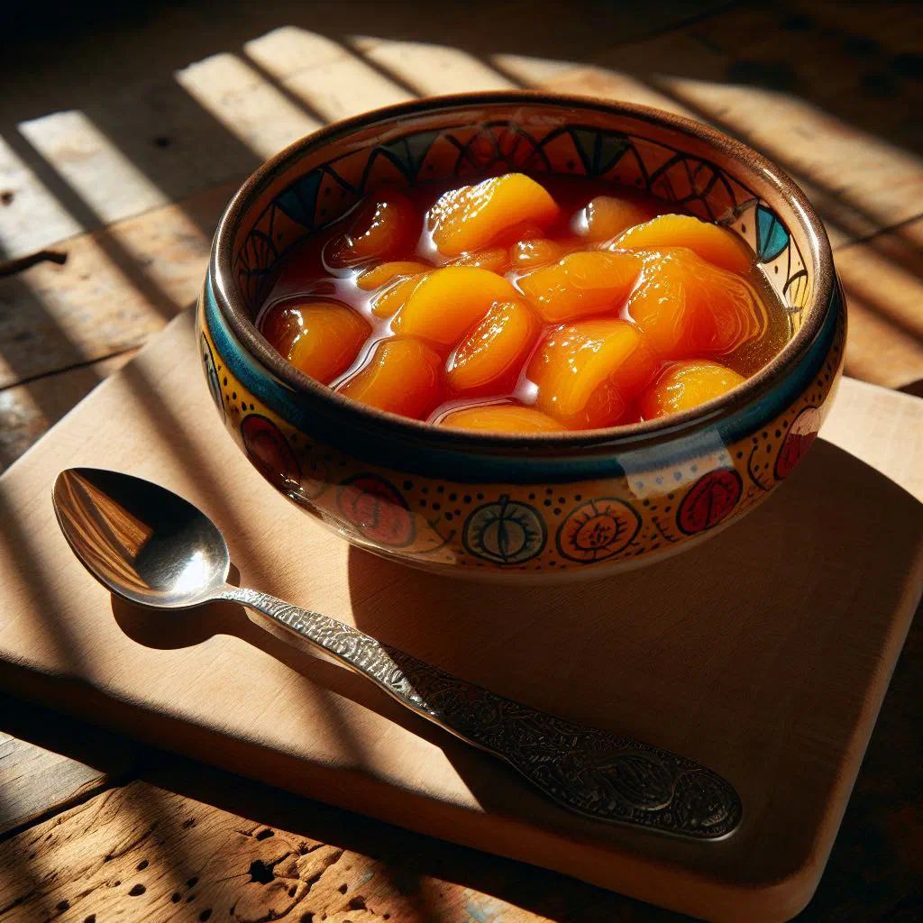 Bowl of Albanian plum compote with cinnamon and syrup