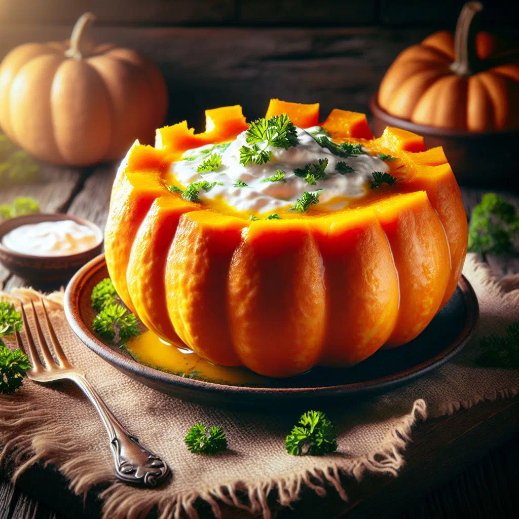 Sautéed pumpkin cubes topped with creamy yoghurt and fresh herbs