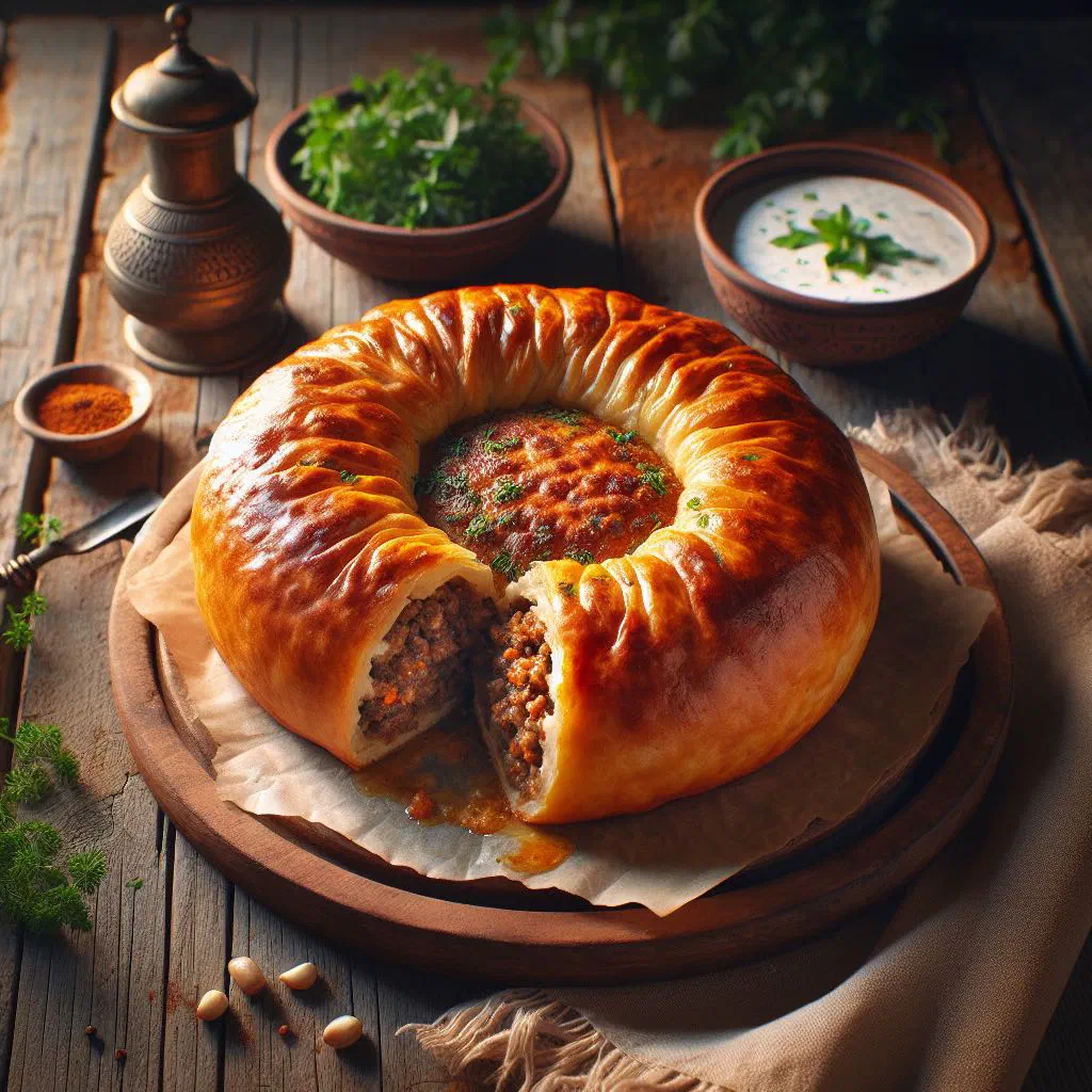 Golden Albanian lakror me mish savoury meat pie sliced into wedges
