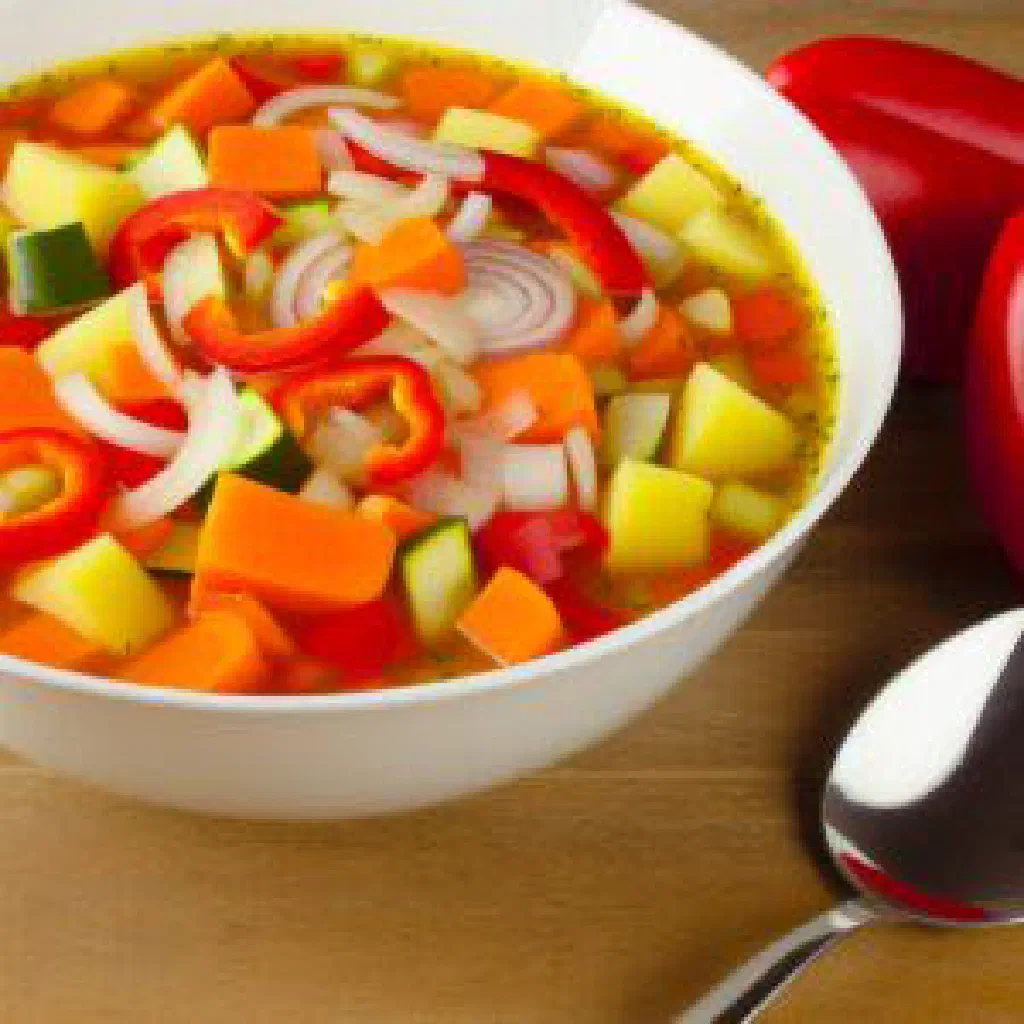 A bowl of Albanian Lëng Perimesh vegetable soup garnished with fresh herbs