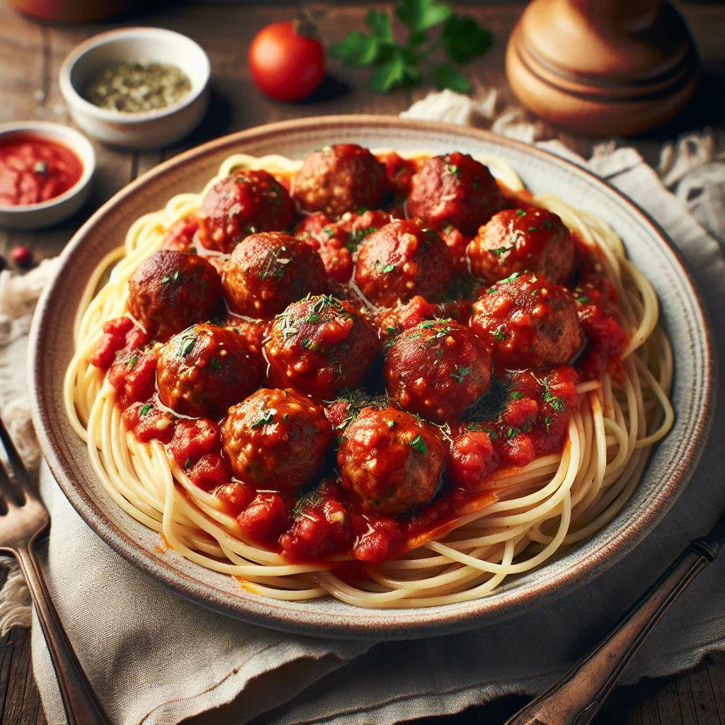 Albanian meatballs with macaroni in a rich tomato sauce, garnished with parsley