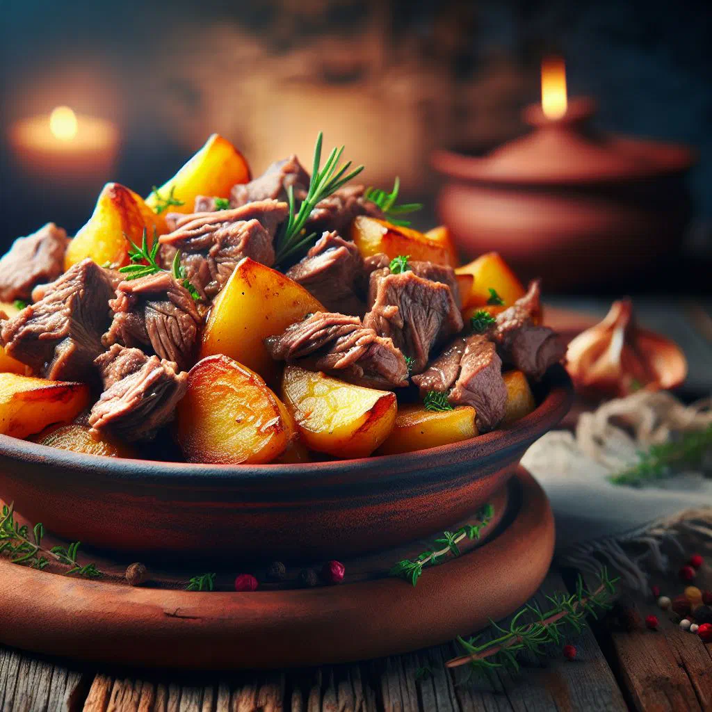 Braised meat and potatoes with carrots in a rustic bowl