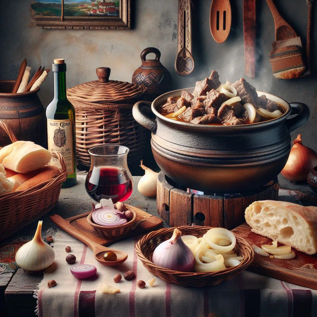 Slow-cooked Albanian beef and onion stew garnished with fresh parsley