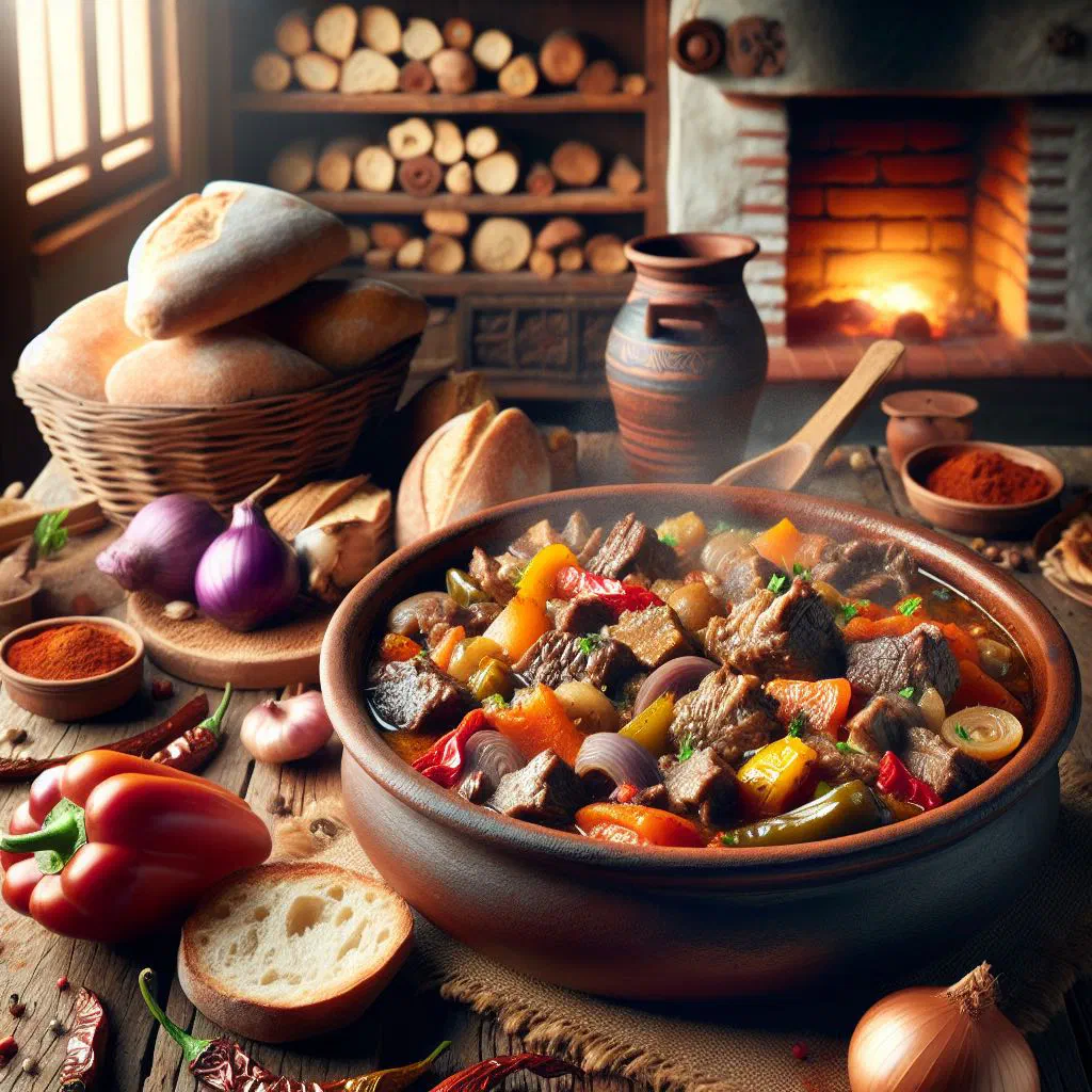 Slow-cooked Albanian meat stew with tomatoes and peppers, garnished with parsley