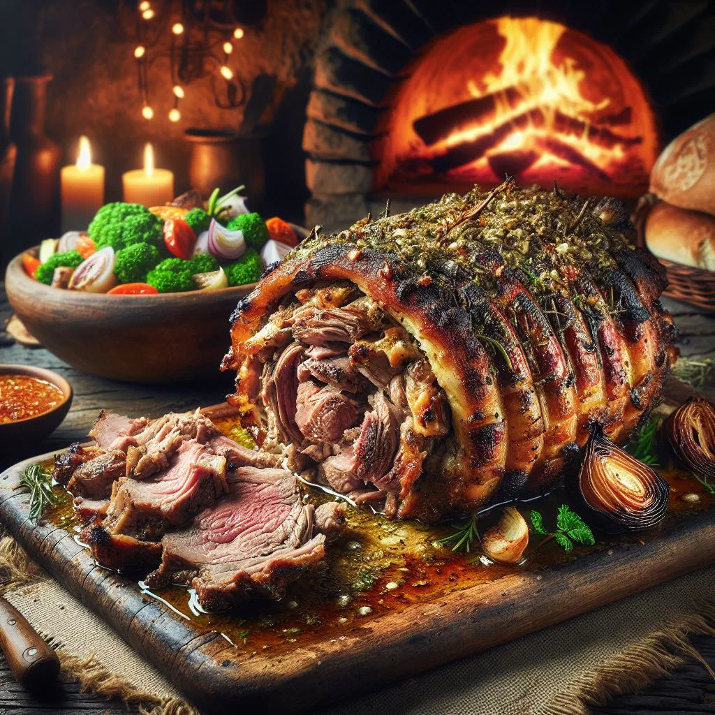 Oven-baked Albanian lamb with potatoes and fresh herbs on a rustic platter