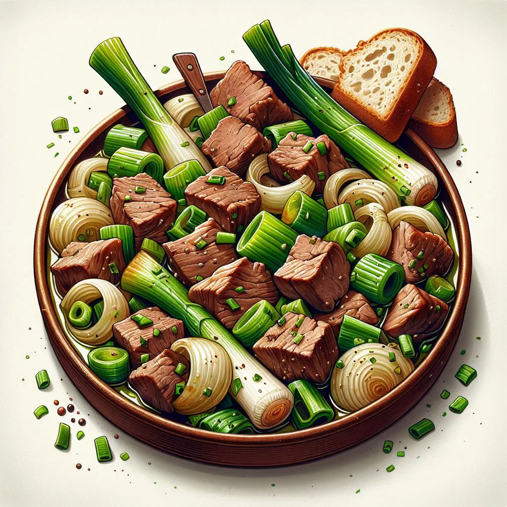 Braised Albanian veal with leek in a rustic bowl