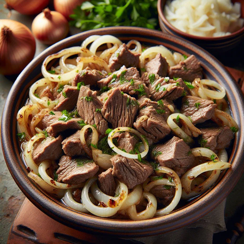 Slow-braised Albanian beef with caramelised onions served with fresh bread