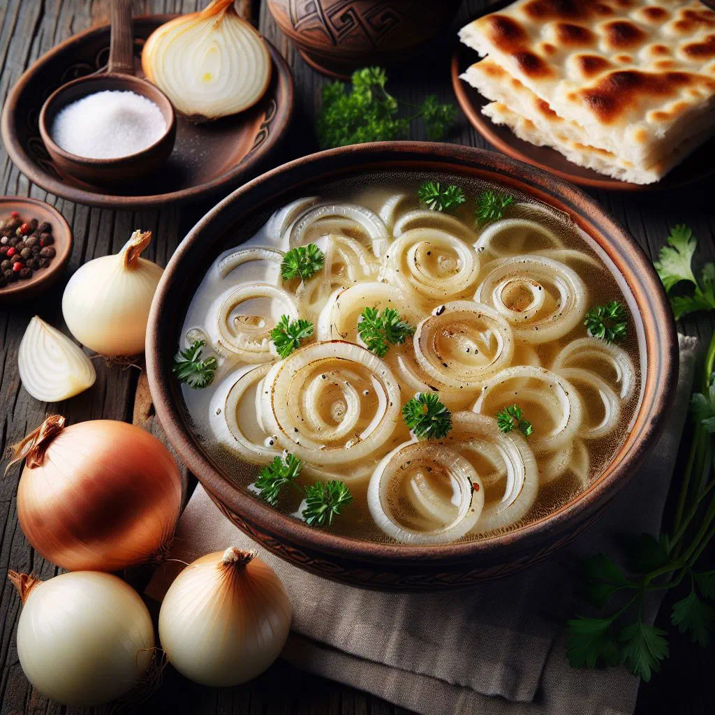 Bowl of Albanian onion soup garnished with fresh parsley and a drizzle of olive oil