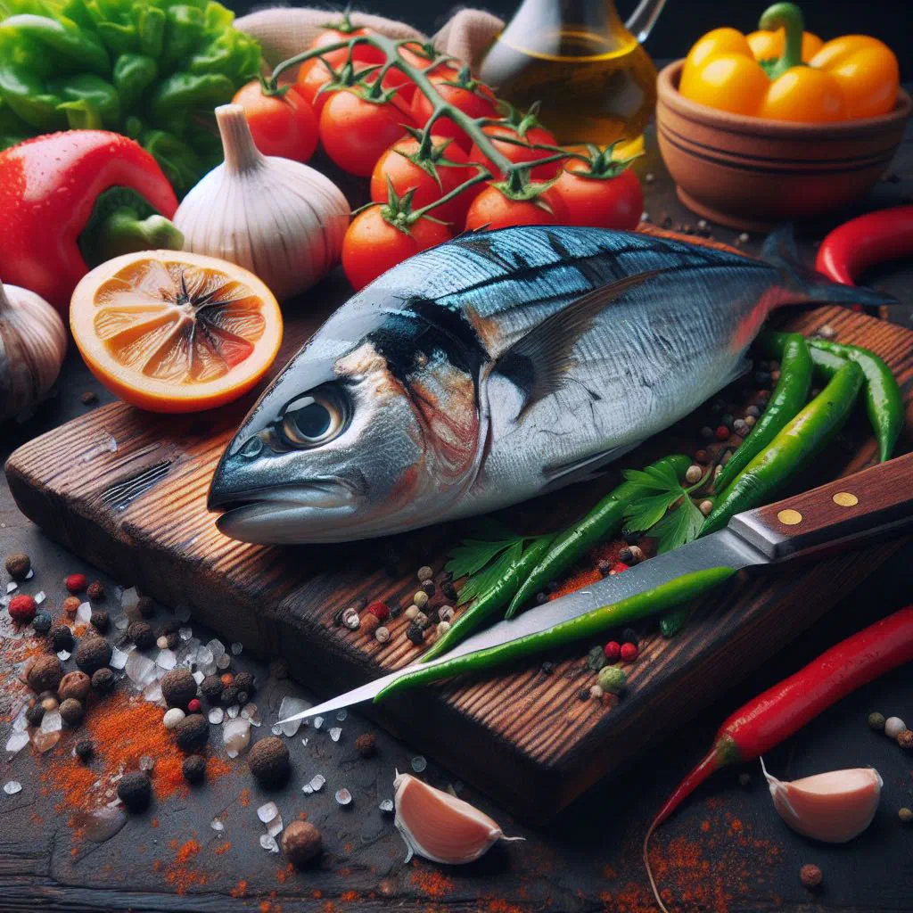 Whole baked fresh fish with lemon slices, garlic and herbs