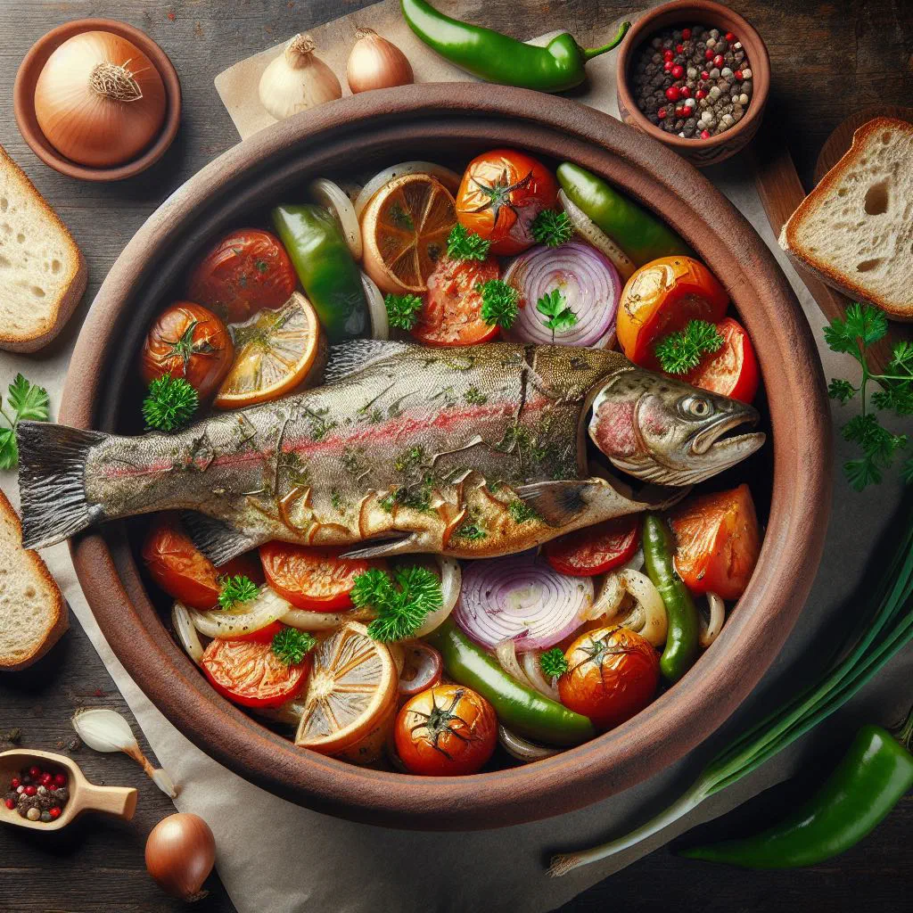 Whole grilled fish with lemon slices and fresh herbs