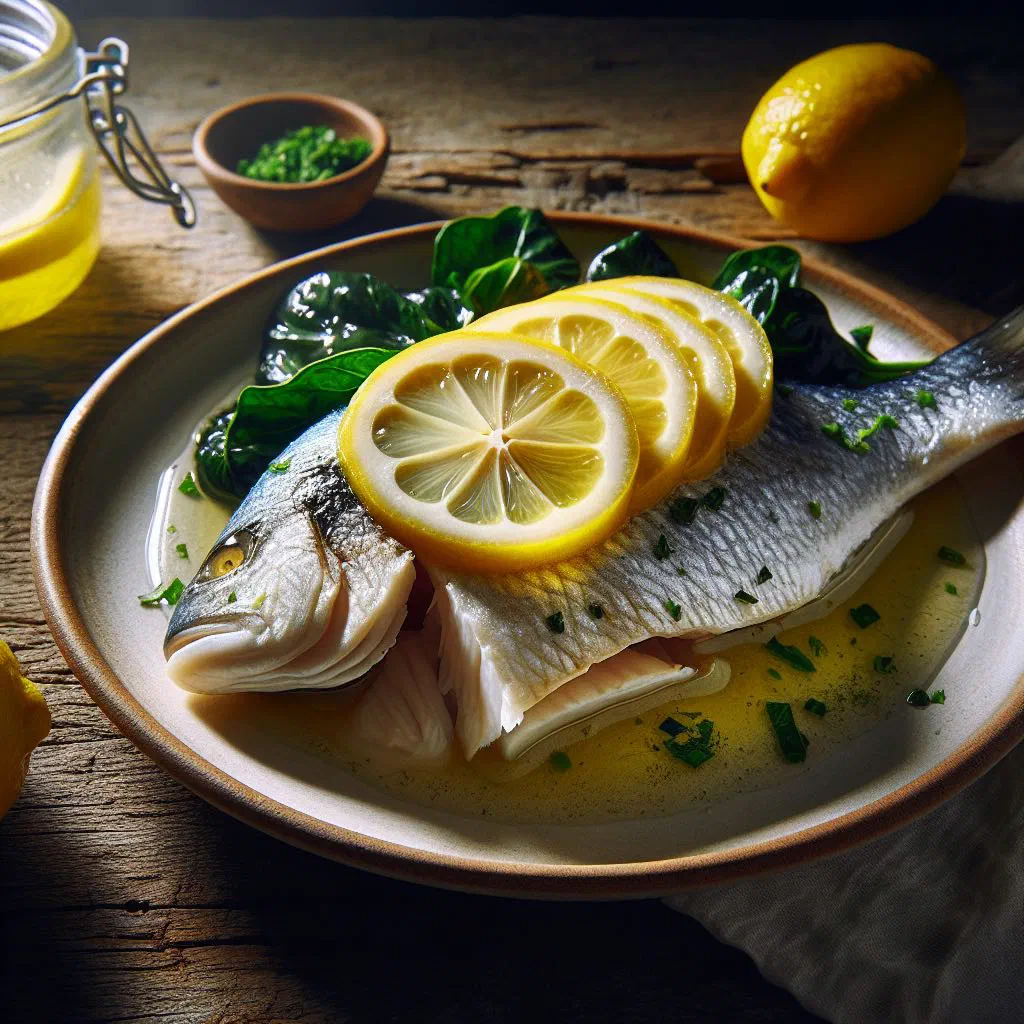 Pan-fried fish topped with lemon slices and fresh dill