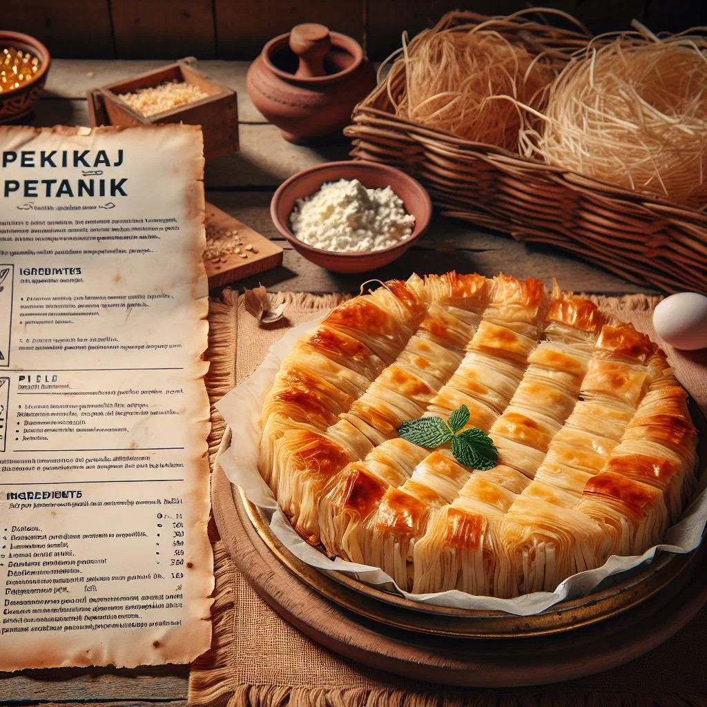 Golden baked Albanian petanik potato and vegetable casserole