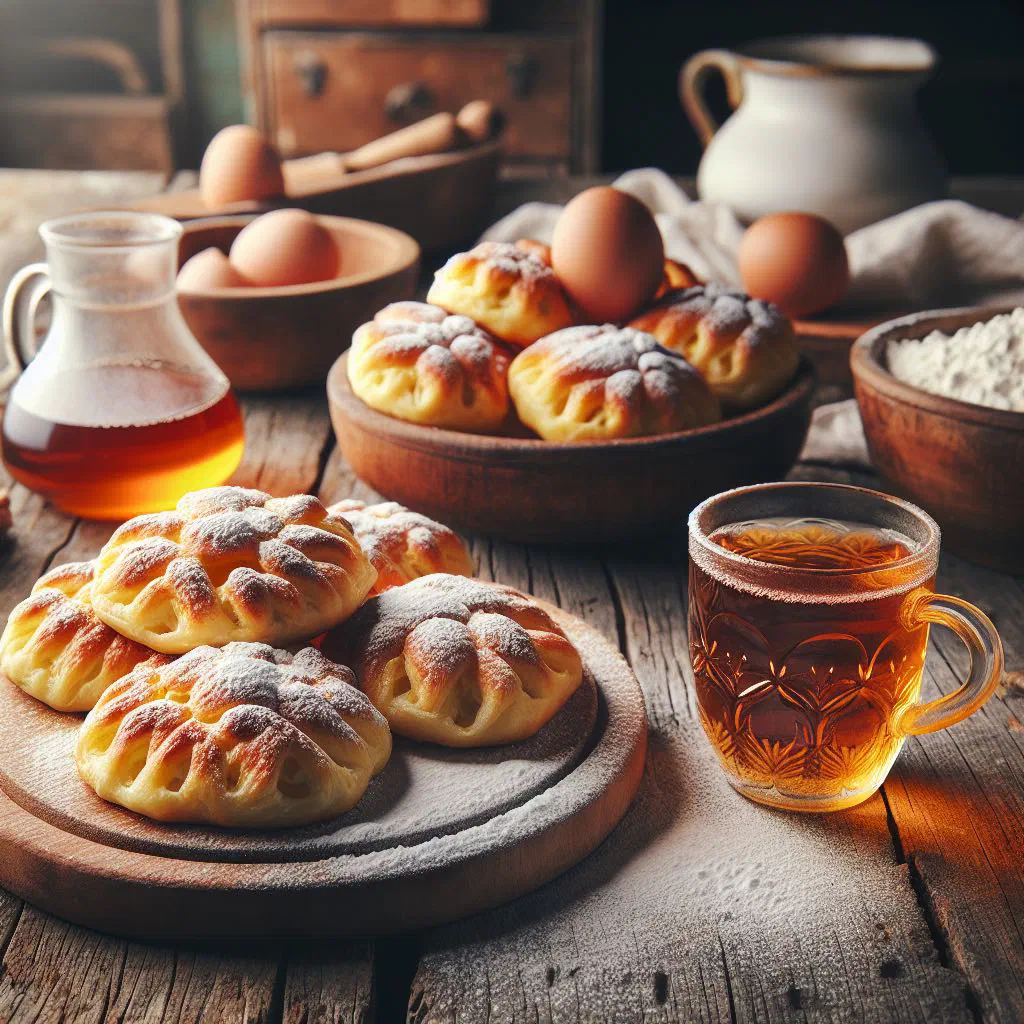 Golden fried Albanian petulla dough balls served with yoghurt and honey
