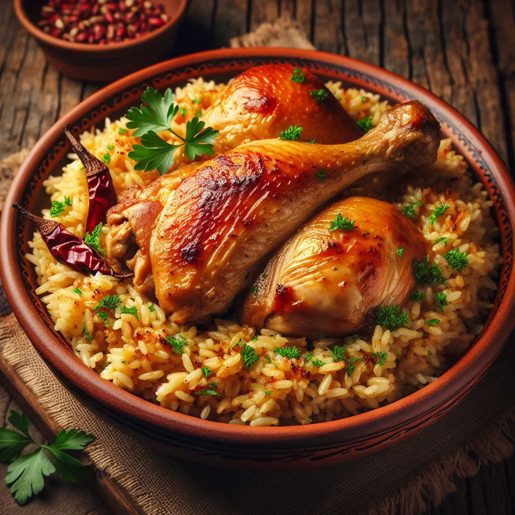 Golden chicken pilaf garnished with fresh herbs in a bowl
