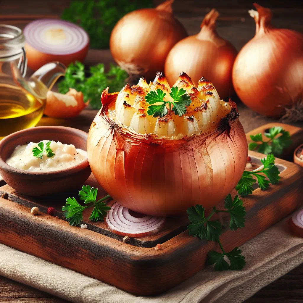 Baked onions garnished with fresh herbs in a serving dish