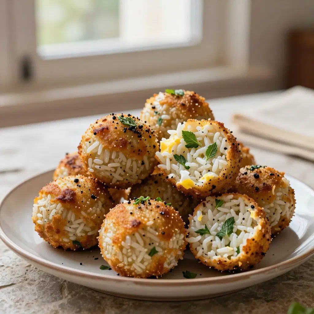 Golden fried Albanian qifqi rice balls on a plate