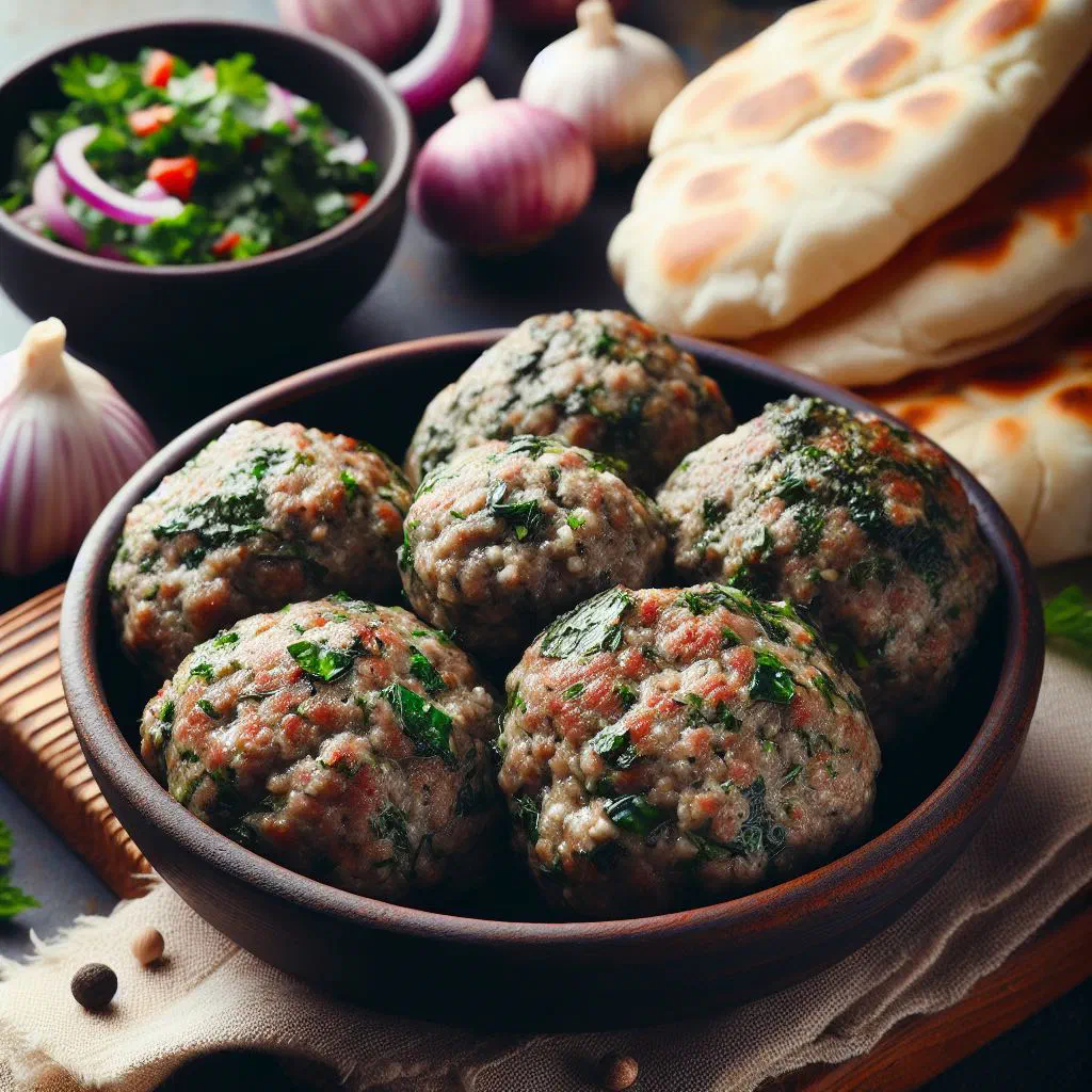 Golden-fried Albanian qofte korçe meatballs garnished with fresh herbs