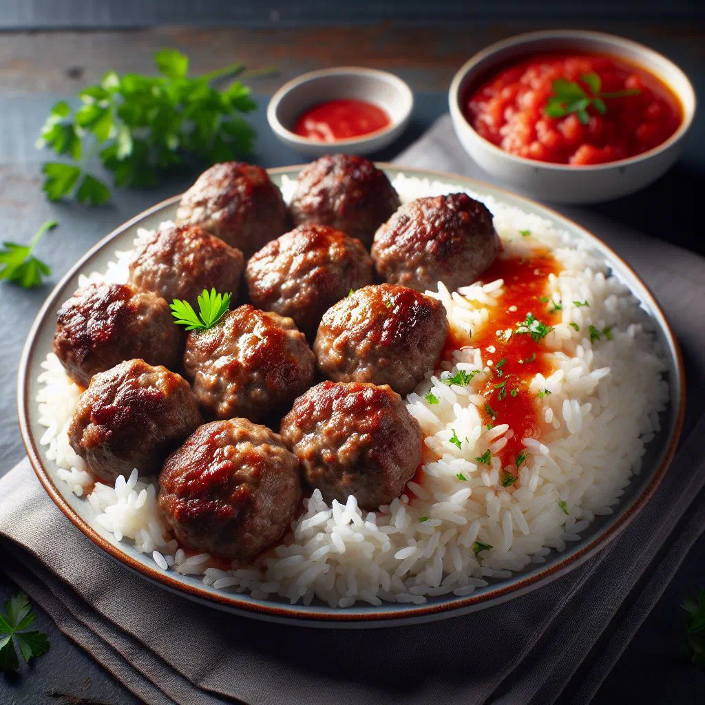 Albanian beef meatballs served with fragrant white rice and fresh parsley