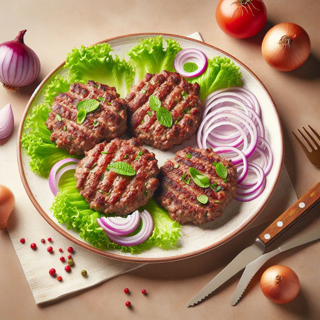 Grilled Albanian qofte meatballs with fresh herbs and yoghurt dip