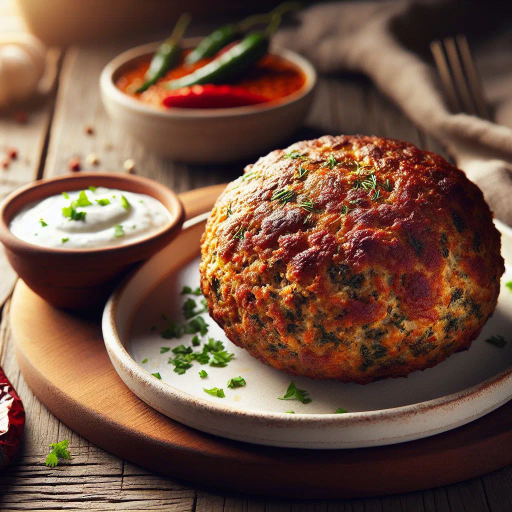 Grilled Albanian meatballs served with fresh herbs and bread