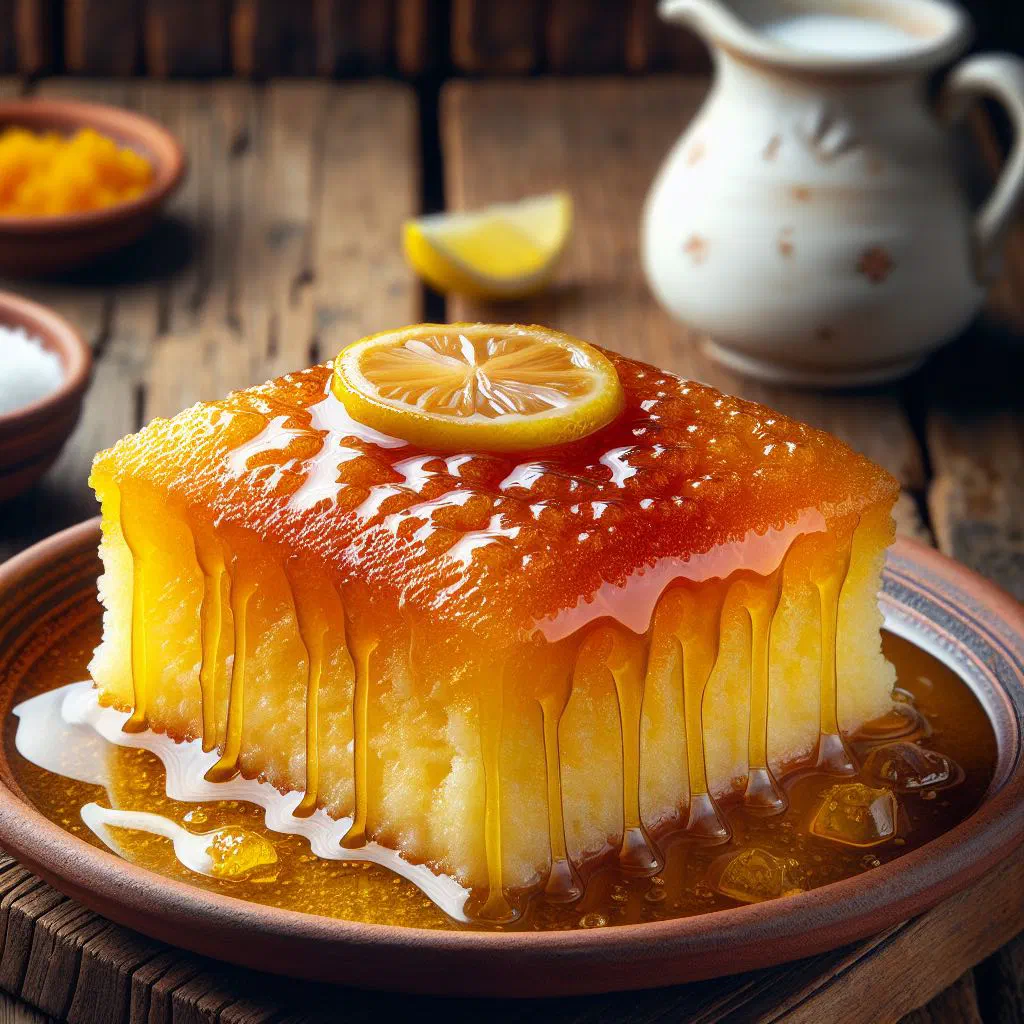 Golden squares of Albanian revani semolina cake soaked in syrup