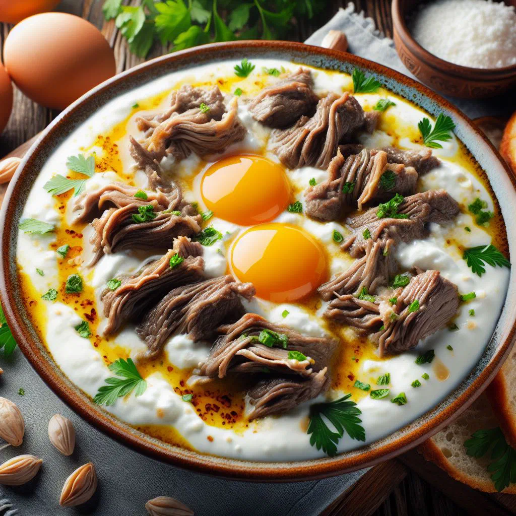 Bowl of creamy Albanian yoghurt sauce garnished with fresh dill and a drizzle of olive oil