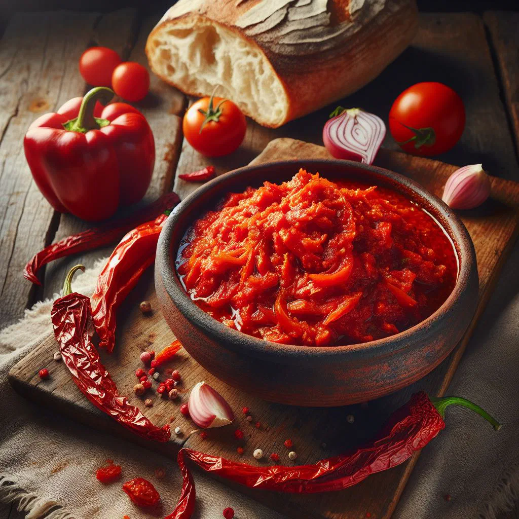 Bowl of Albanian red pepper sauce garnished with fresh parsley