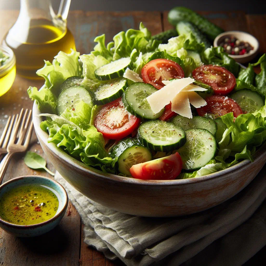 A fresh green salad of lettuce, cucumber and radishes dressed with olive oil and lemon