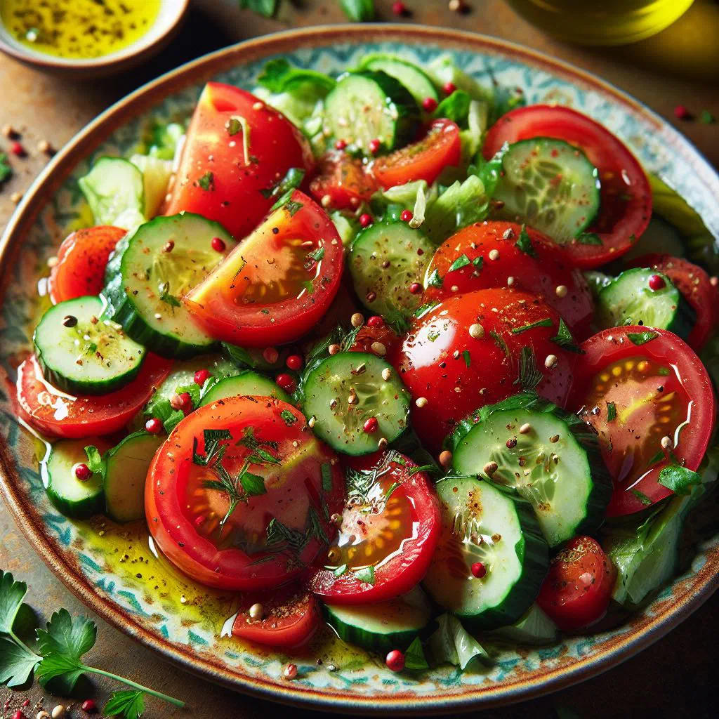 Albanian tomato and cucumber salad with red onion and parsley in a bowl