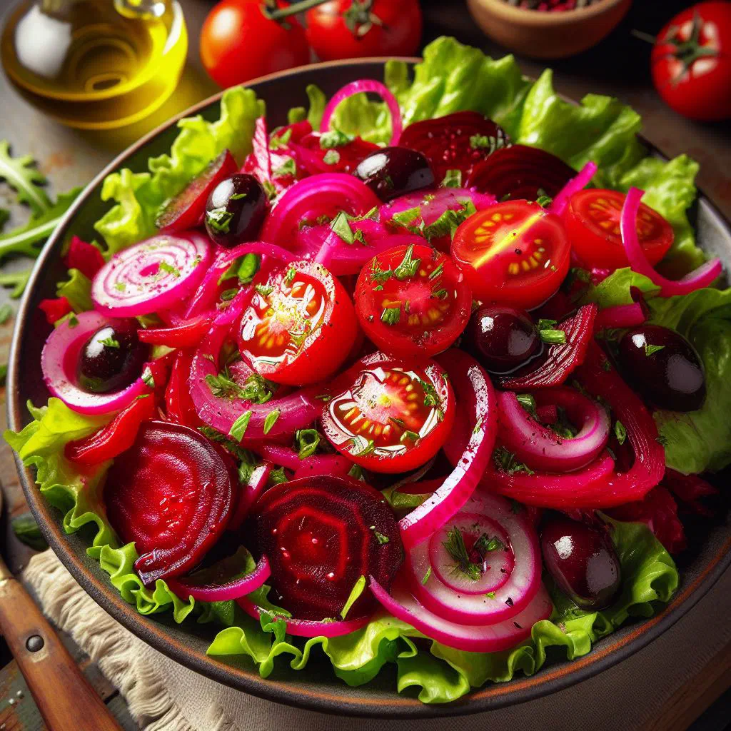 Albanian beetroot salad with chopped onion, olive oil and parsley