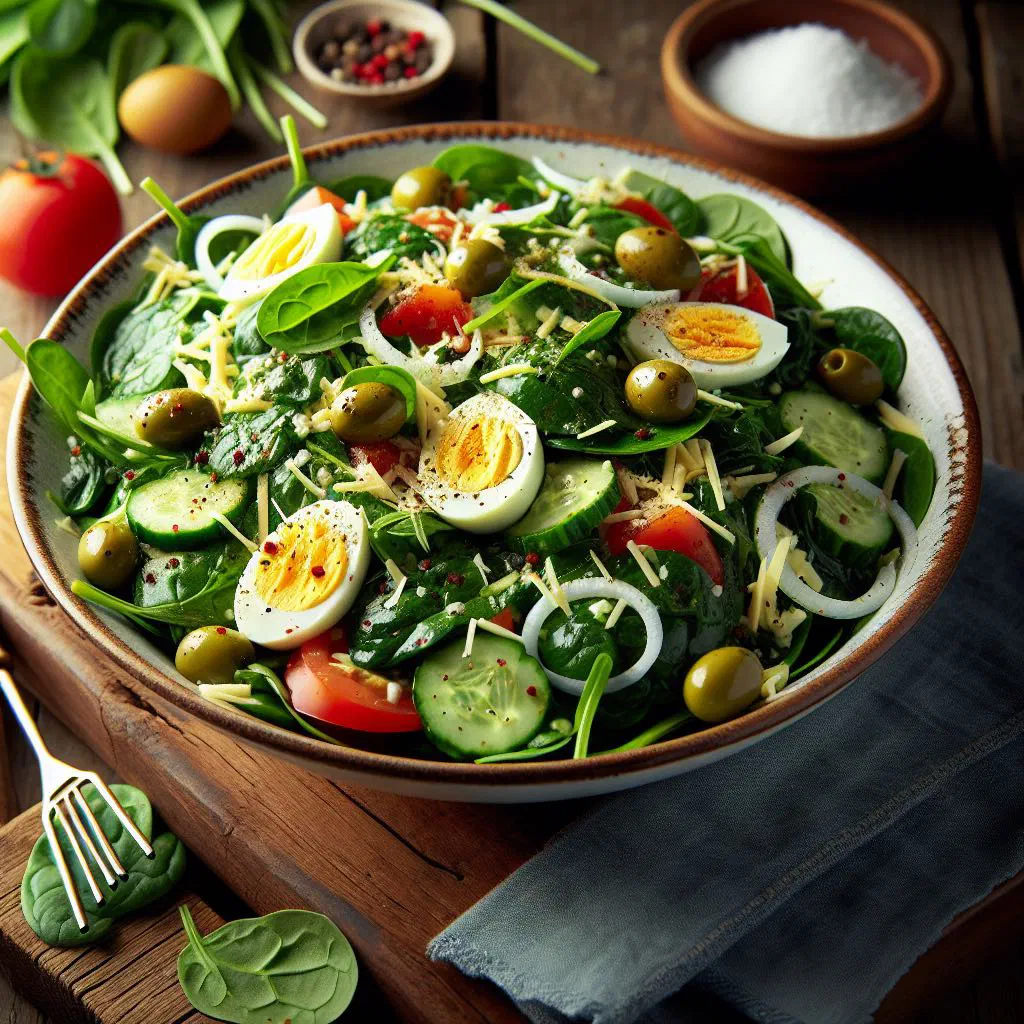 Fresh Albanian spinach salad topped with chopped walnuts and olive oil dressing