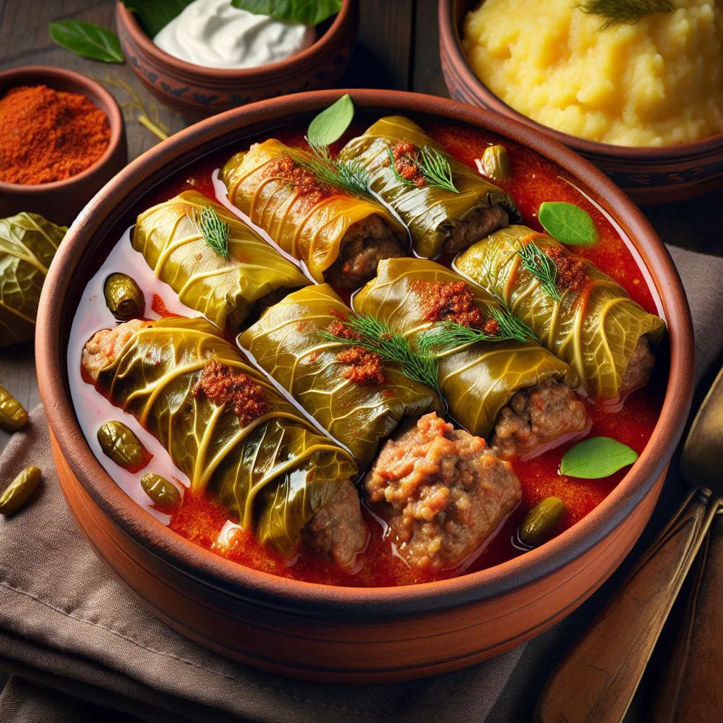 Albanian sarmale cabbage rolls simmered in tomato sauce