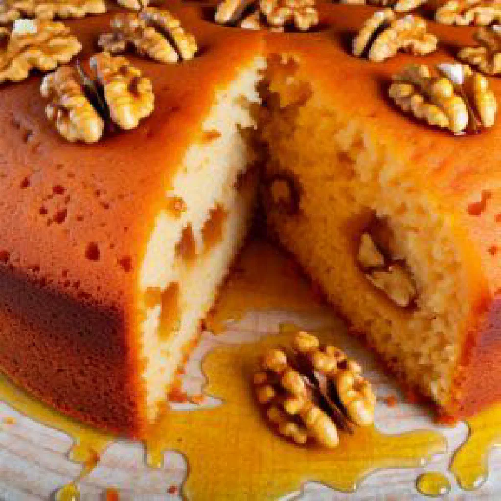 Squares of Shëndetli honey and walnut cake topped with chopped walnuts