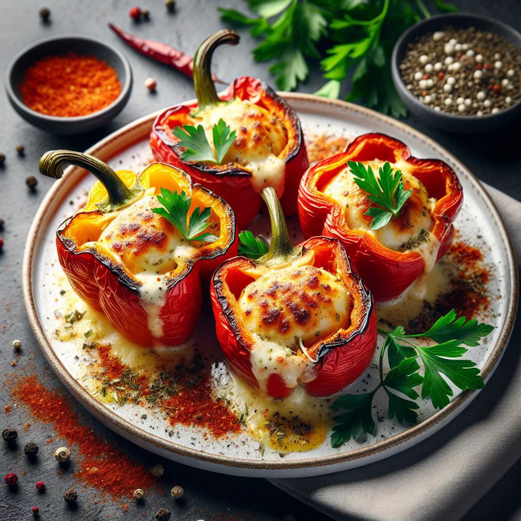 Baked peppers stuffed with creamy curd cheese, garnished with fresh herbs