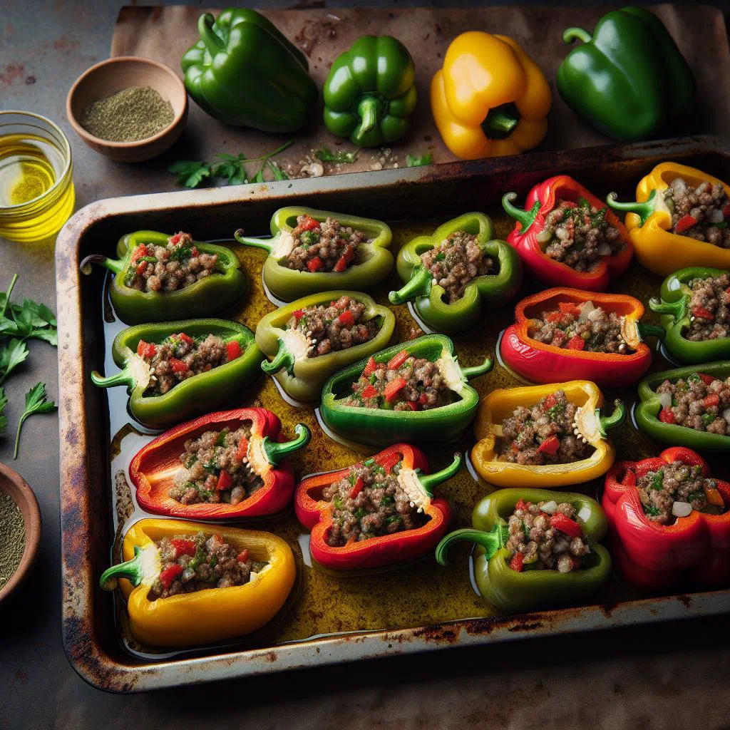 Baked Albanian stuffed peppers filled with minced meat and rice, garnished with fresh parsley