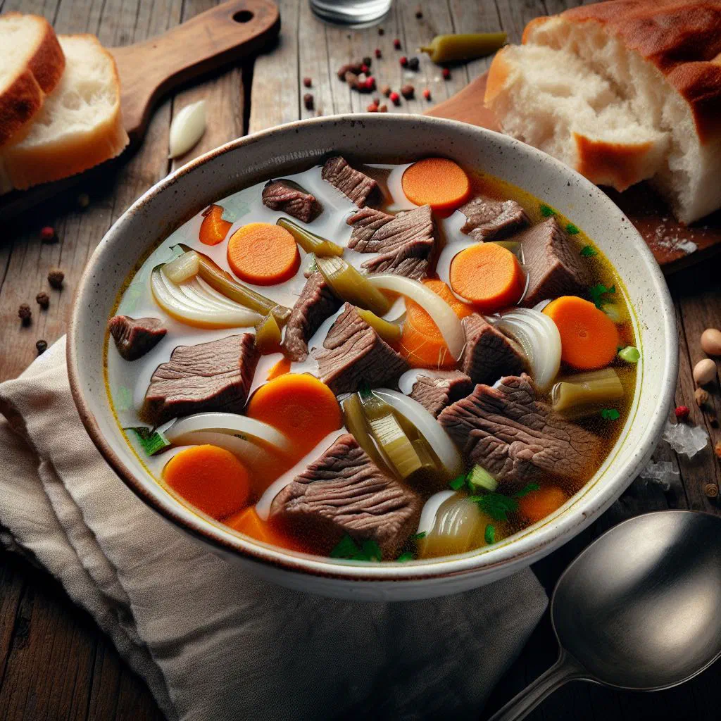 Bowl of Albanian meat soup with vegetables and fresh parsley