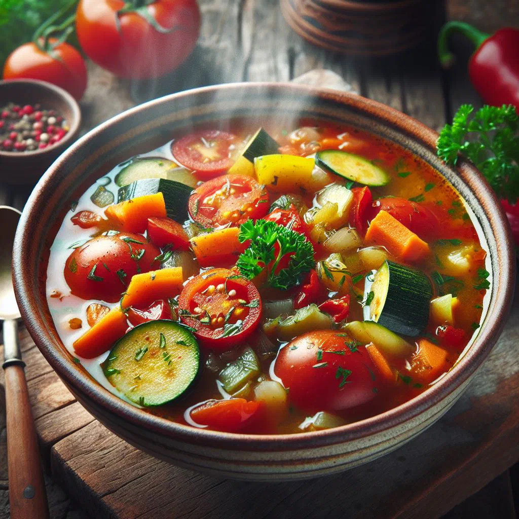 Bowl of Albanian vegetable soup with carrots, potatoes and fresh herbs