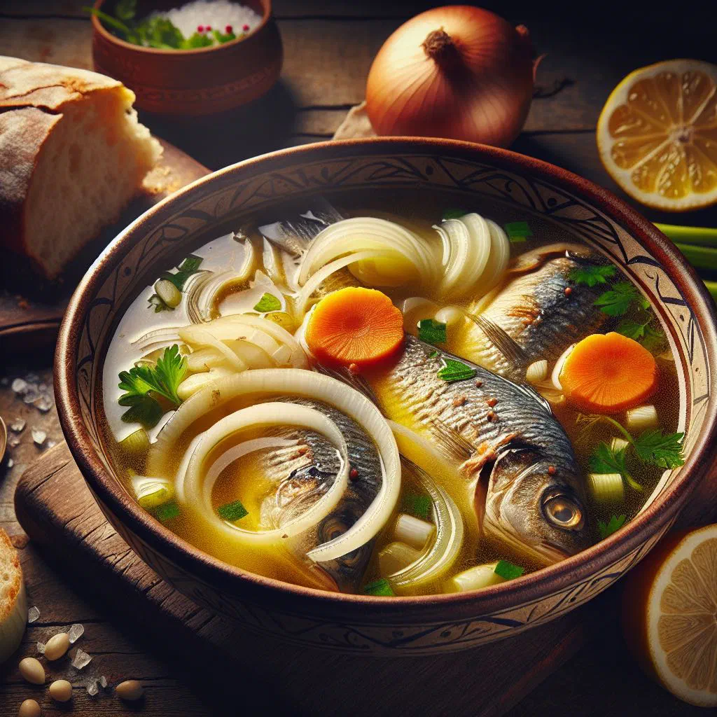 Bowl of Albanian fish soup with vegetables and fresh parsley