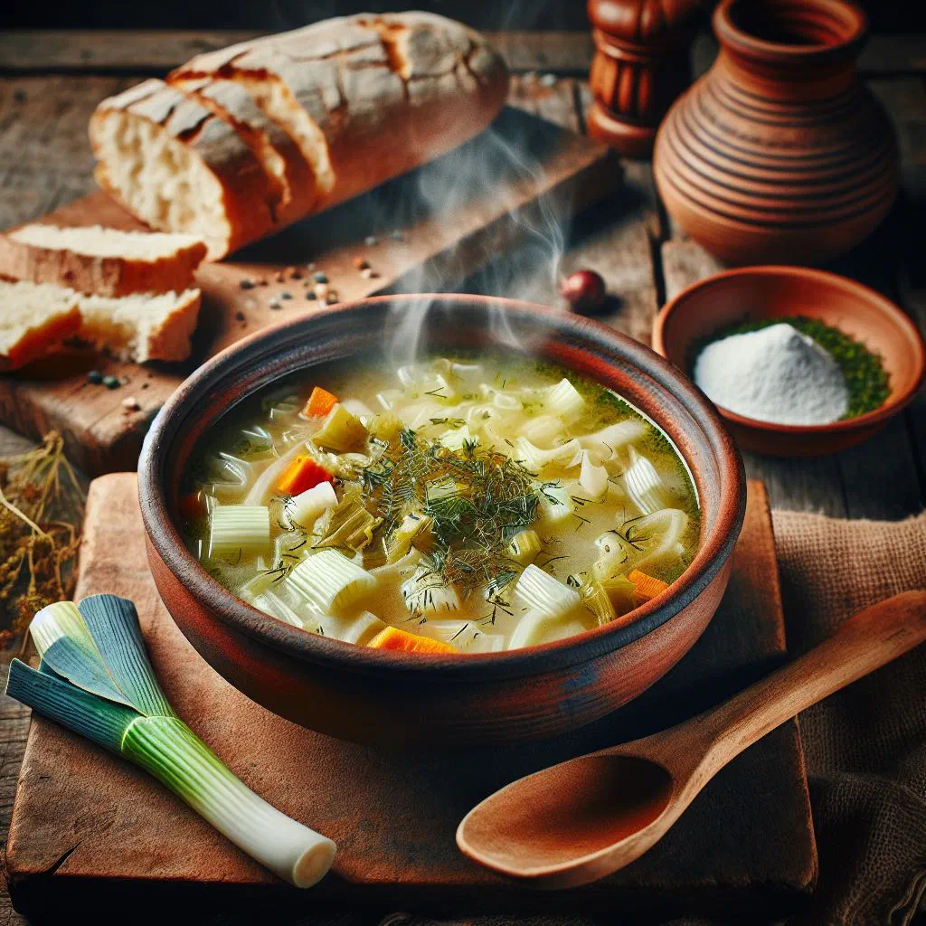 A warm bowl of Albanian leek soup garnished with fresh herbs