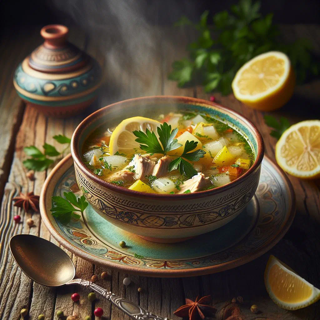 Bowl of Albanian lemon chicken soup garnished with fresh parsley