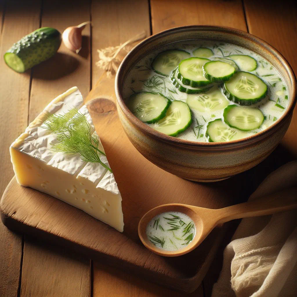 Bowl of chilled Albanian yoghurt and cucumber soup garnished with dill