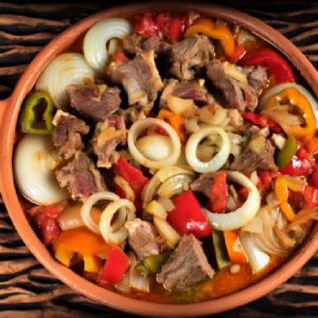 Baked Albanian lamb and vegetable casserole in a roasting dish